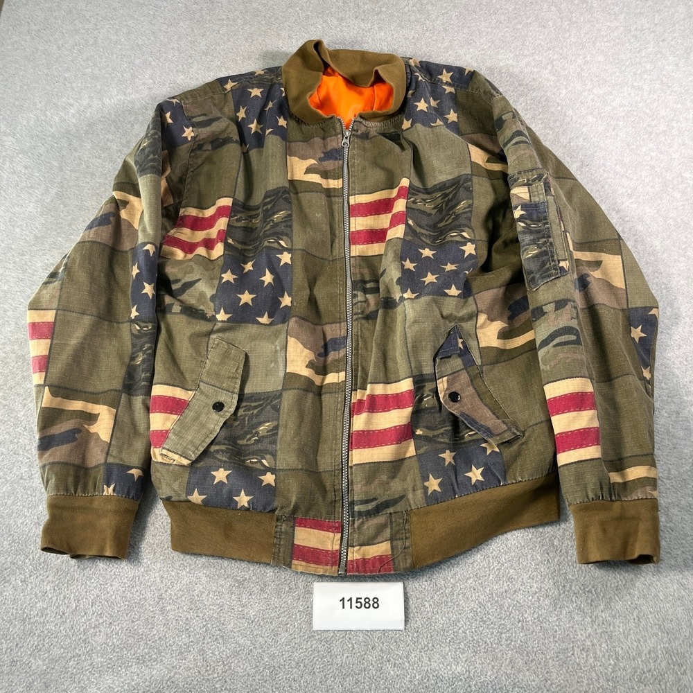 Diamond Stash Mens 3XL Camo American Flag Patchwork Bomber Jacket Orange Lining
